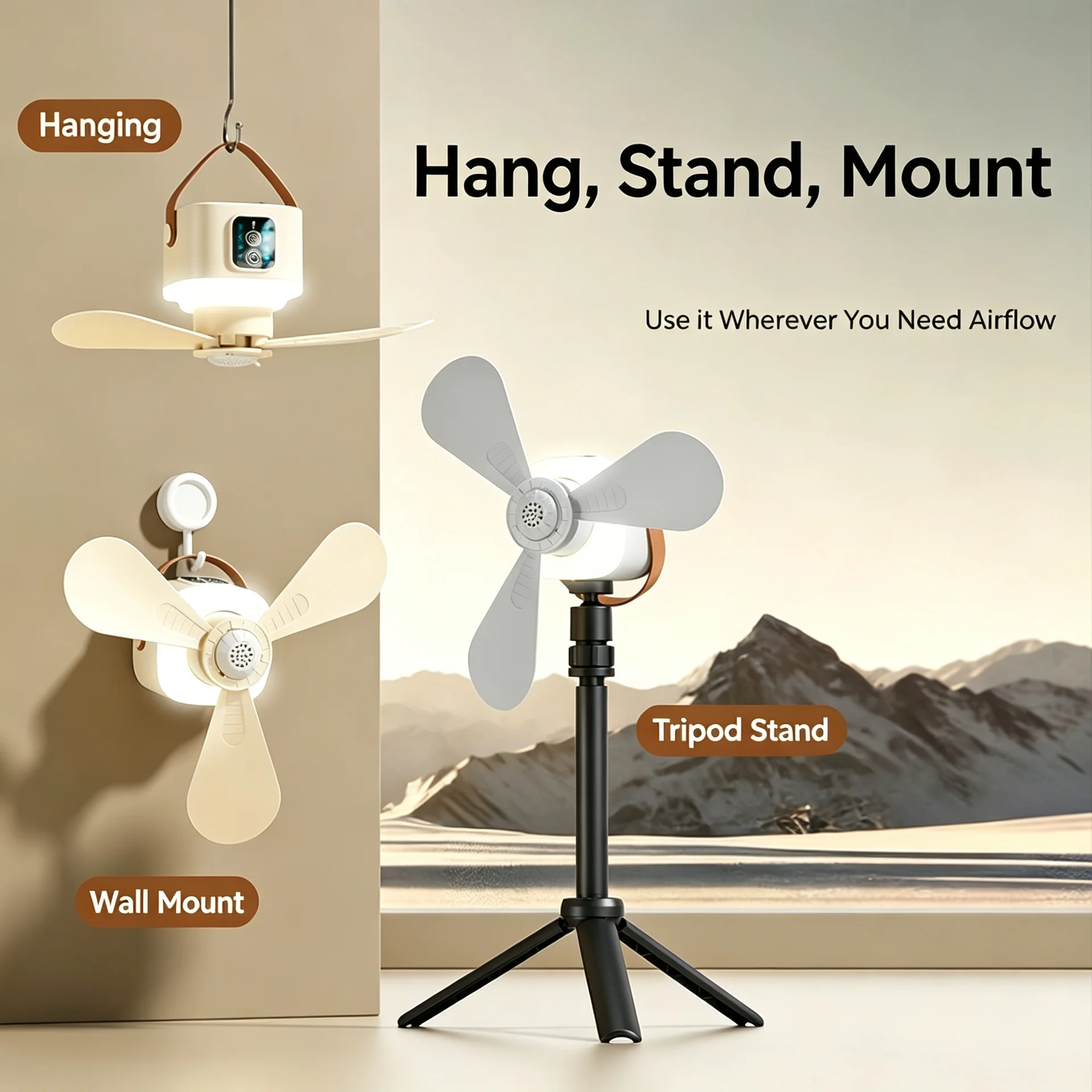 Multifunctional Camping Fan with Tripod & LED Light