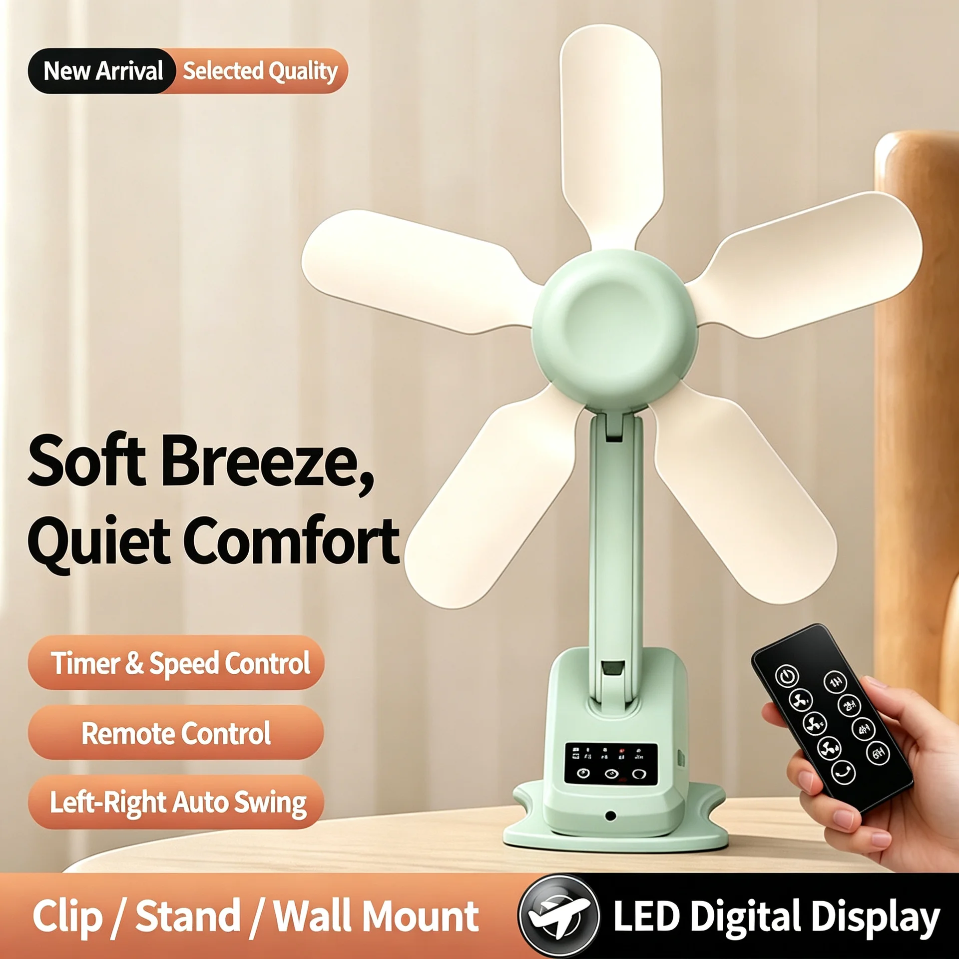 Rechargeable Clip-on Fan with Auto-Oscillation & Remote Control