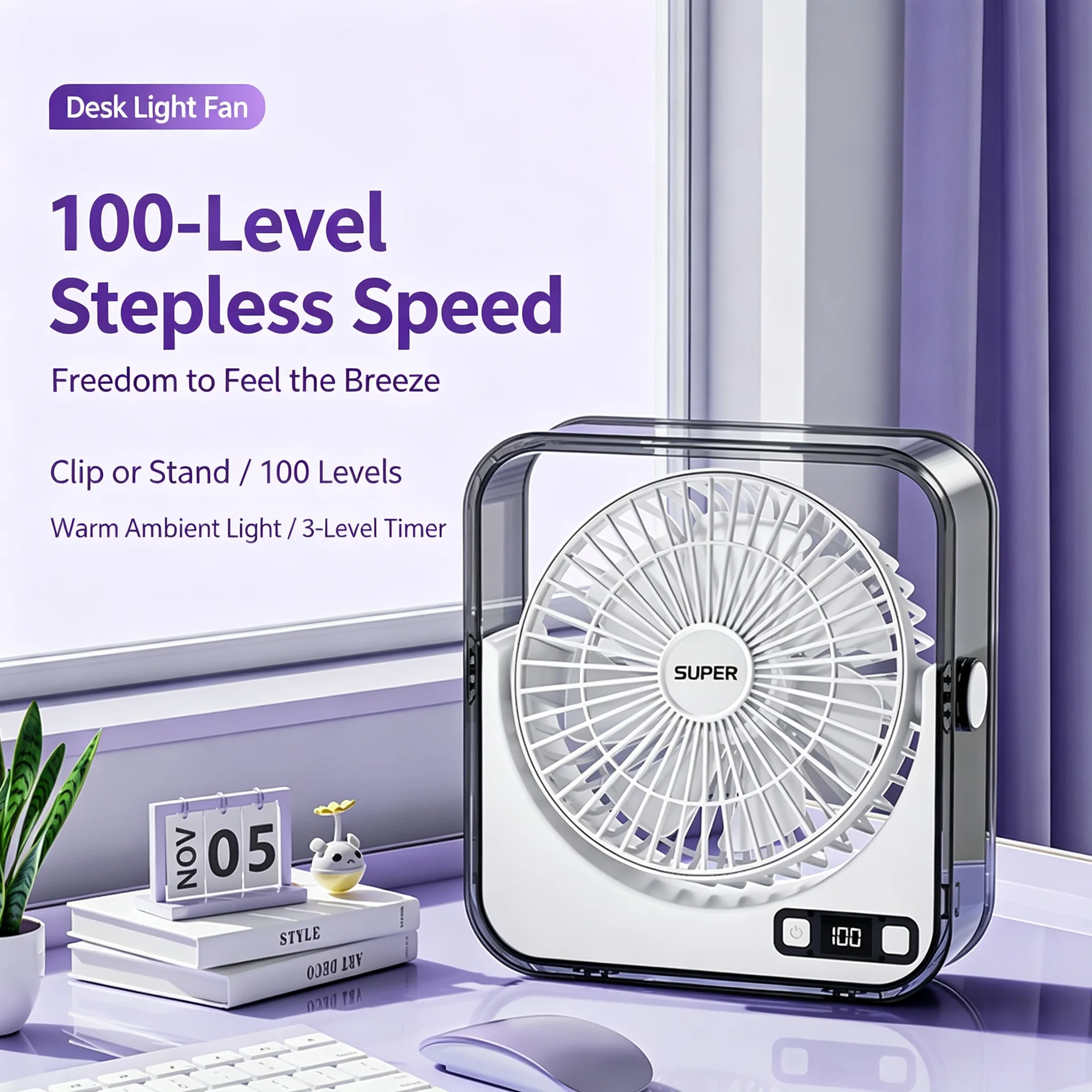 Square Portable Desk Fan with Night Light